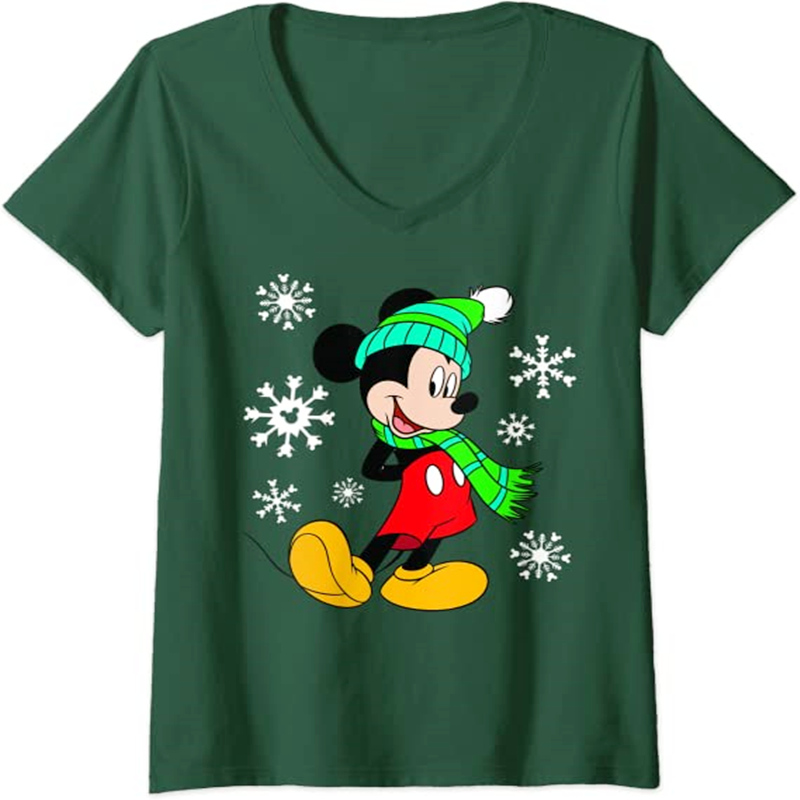 Camiseta de Año Nuevo con cuello en V de Navidad para mujer, con diseño de copos de nieve de Mickey Mouse