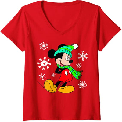Camiseta de Año Nuevo con cuello en V de Navidad para mujer, con diseño de copos de nieve de Mickey Mouse
